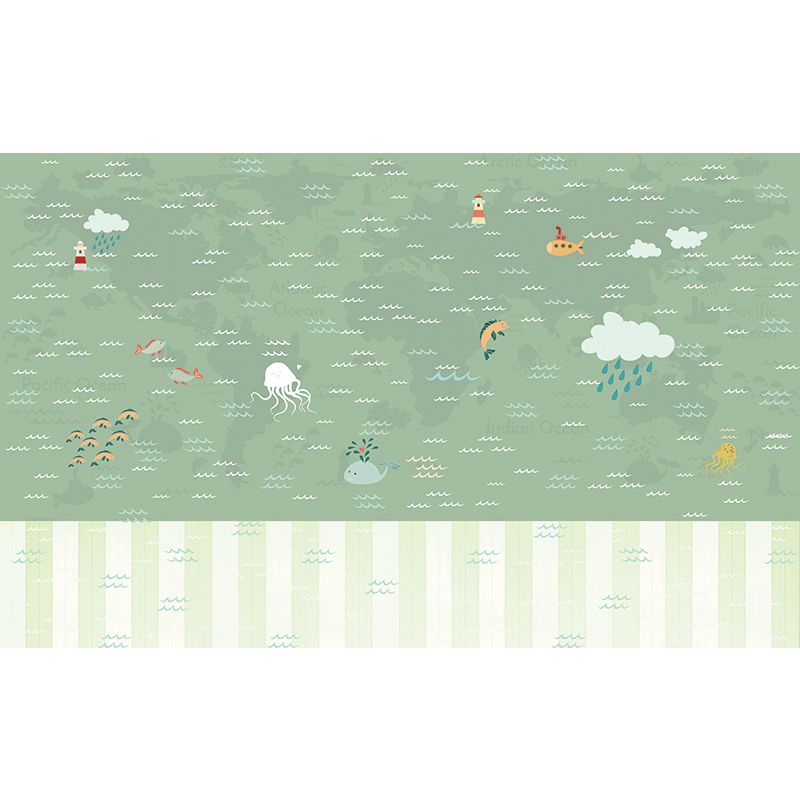 Large Nautical Mural Cartoon Imaginative Sea Life in the Sky Wall Covering in Soft Color