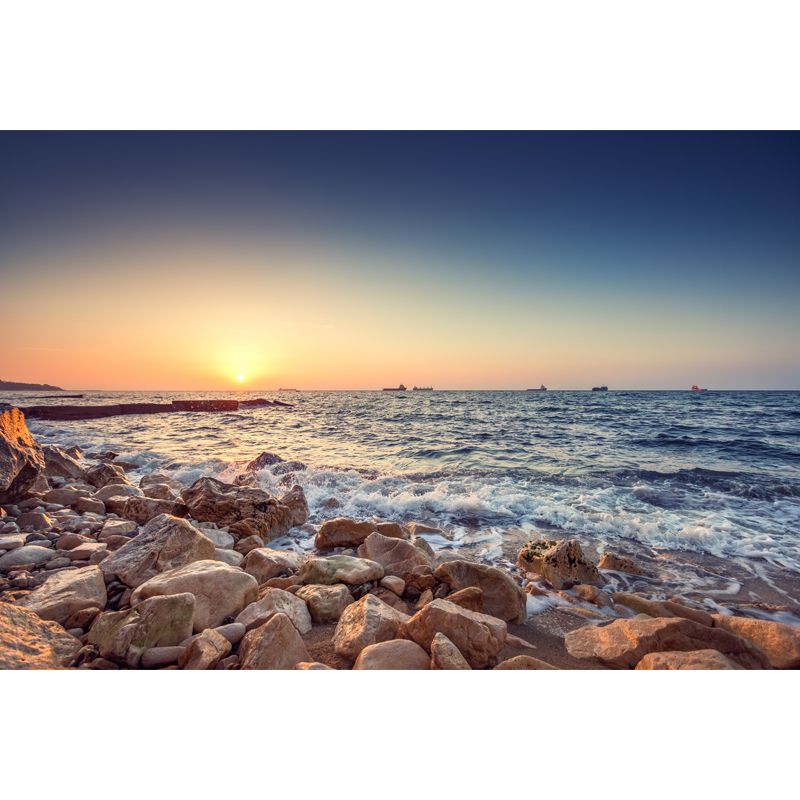 Tropic Ocean Rocky Bay Mural Wallpaper Blue Sunset Scenery Wall Art, Customization