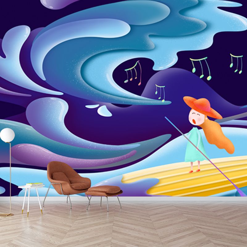 Custom Illustration Childrens Art Mural with Singing Girl Paddling Boat Pattern in Blue