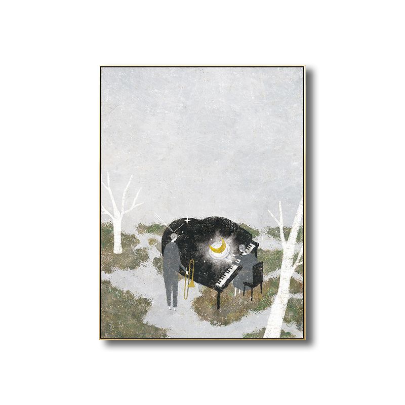 Piano Performance in Wilds Canvas Childrens Art Textured Wall Decoration in Grey