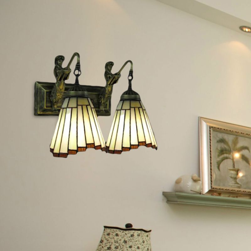 2 Heads Flared Sconce Light Tiffany Yellow Glass Wall Mounted Light Fixture with Mermaid Backplate