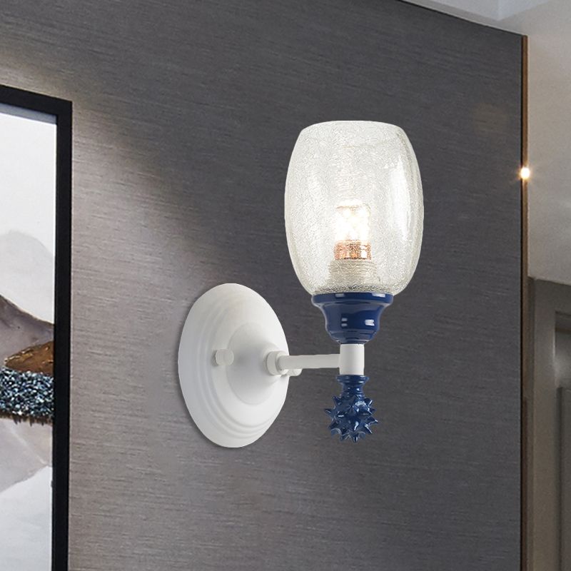 1/2-Bulb Bedside Wall Mounted Lamp Rural Blue/Gold/Dark Blue Wall Lighting with Oval Clear Crackle Glass Shade