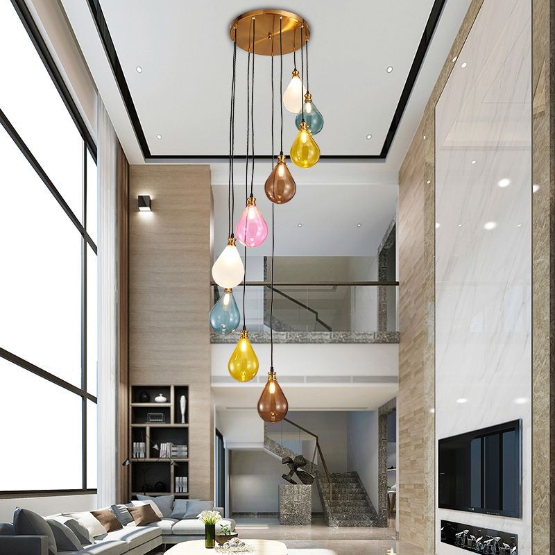 9 Lights Balloon Cluster Pendant Modern White/Pink Glass LED Hanging Ceiling Lamp with Spiral Design