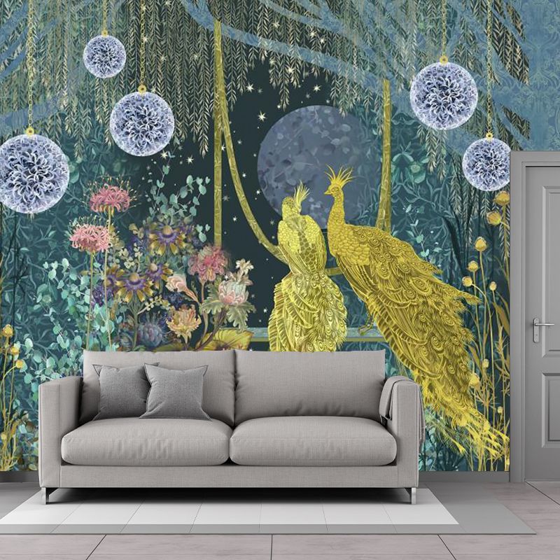 Modern Peacock in Forest Mural Decal for Accent Wall, Full Size Wall Decor in Yellow and Green