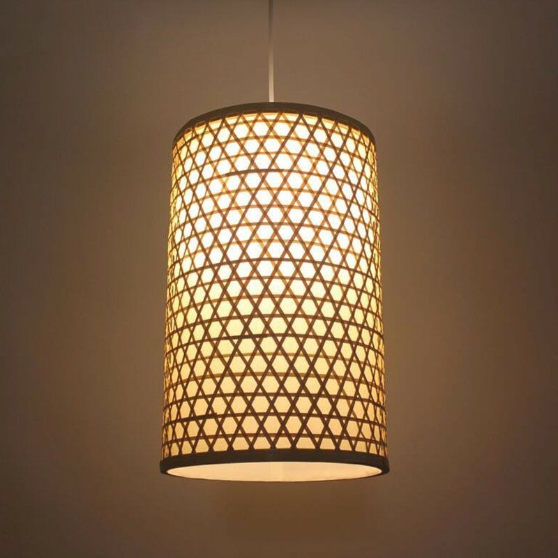 Beige Cylindrical Pendant Light Kit Asia 1-Light Bamboo Hanging Lamp for Dining Room
