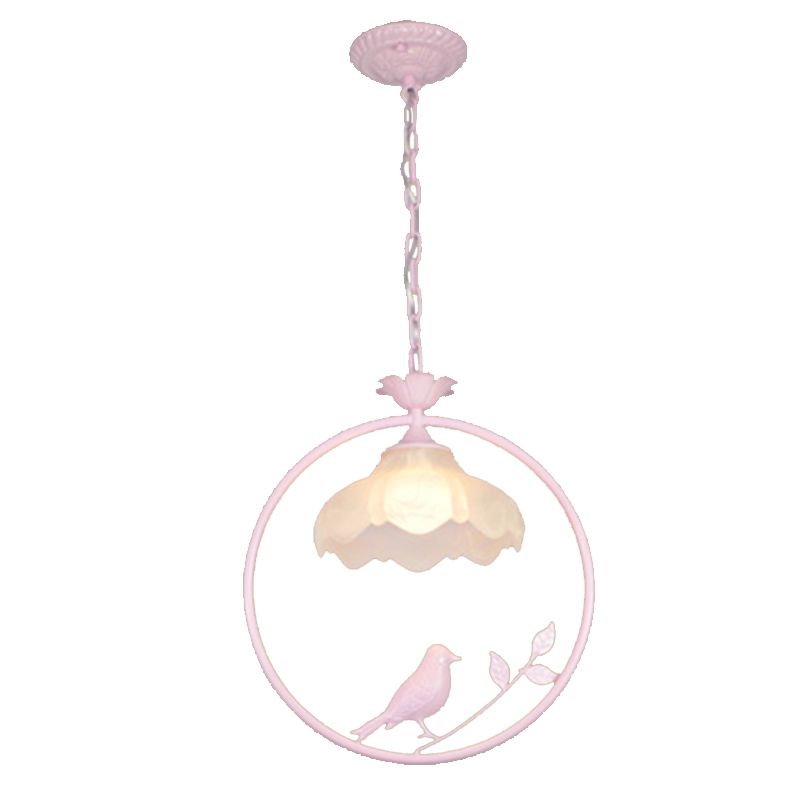 Classic Round Pendant Lighting 1 Light Metal Hanging Light Fixture in Black/White/Pink with Scalloped Shade