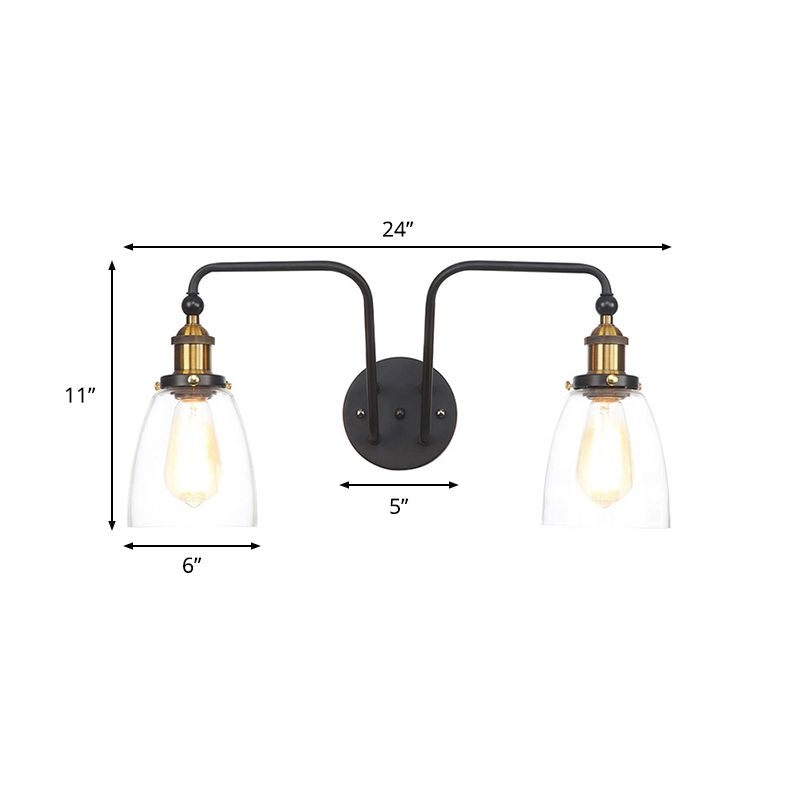 2 Lights Clear Glass Sconce Lamp Industrial Style Black Cone/Bowl Living Room Wall Lighting Idea