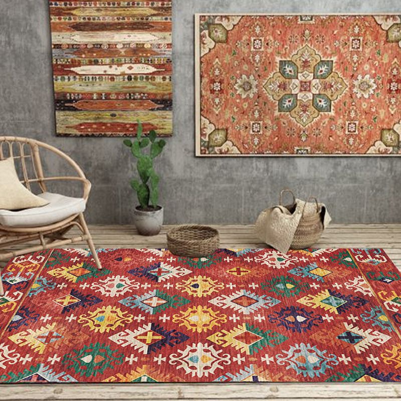 Stylish Geometric Pattern Rug with Flower White and Red Moroccan Rug Polyester Pet Friendly Non-Slip Backing Washable Area Rug for Living Room
