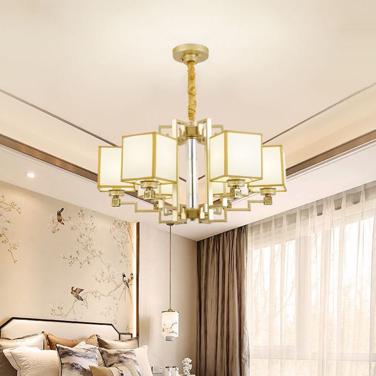 Brass Square Suspension Light Traditional Fabric Lobby Chandelier Light Fixture