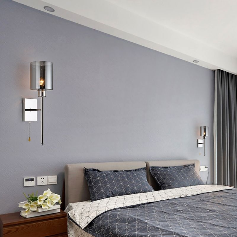 Single Modern Wall Mounted Lamp, Wallchiere Design Nickel Finish, Cylinder Shaped Gray Glass Shade Included