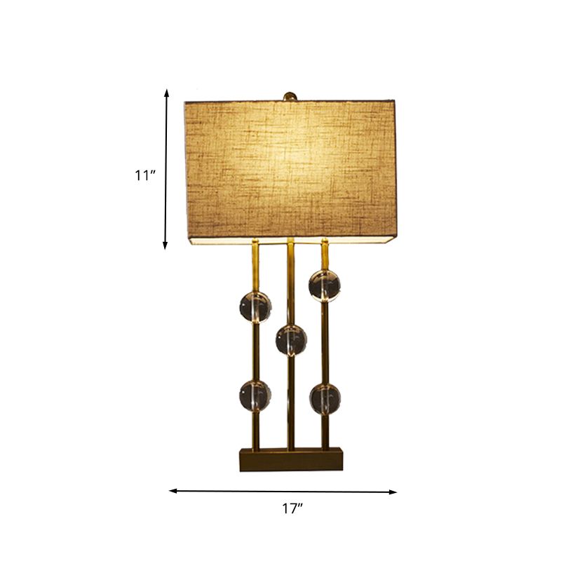 Rural Rectangle Night Light 1 Light Fabric Table Lamp in Beige for Bedroom with Crystal Deco