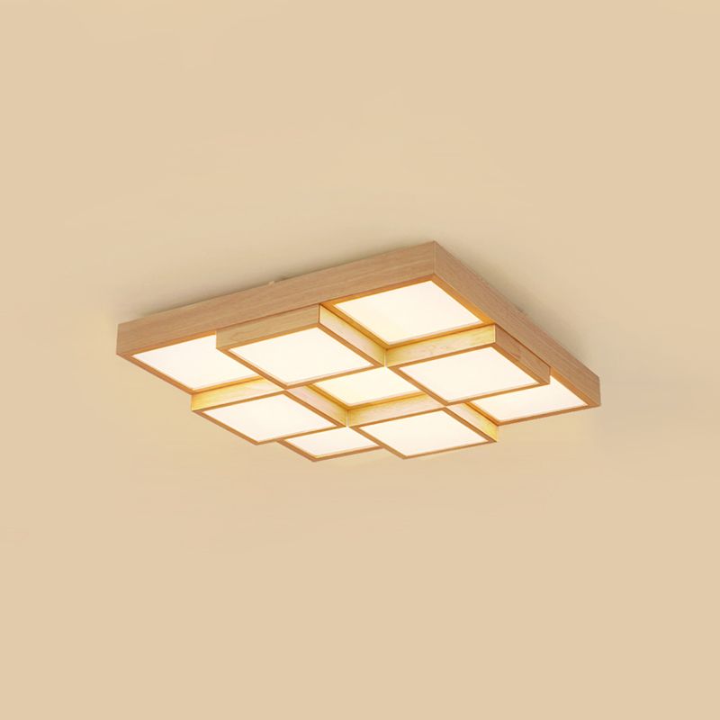 Natuurlijke Houten Vierkante Flush Licht Moderne 4/6/9-Licht Houten LED Plafond Lamp in Warm/Wit/Natuurlijk Licht