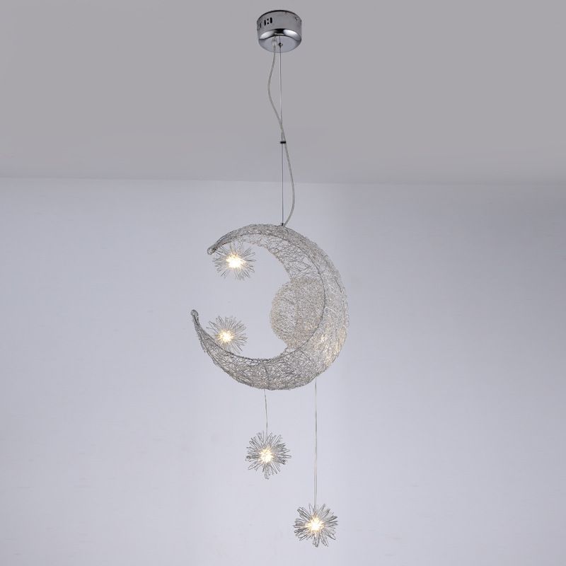 5 Lights Moon and Star Ceiling Suspension Lamp Kids Metallic Pendant Light Fixtures for Boys Girls Bedroom