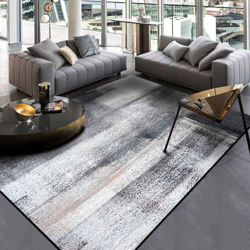 Industrial Brushstroke Painting Pattern Rug Grey Polyester Rug Washable Non-Slip Backing Area Rug for Bedroom