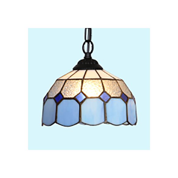 Black/White/Blue 1 Head Ceiling Light Baroque Stained Glass Bowl Suspended Lighting Fixture for Dining Room