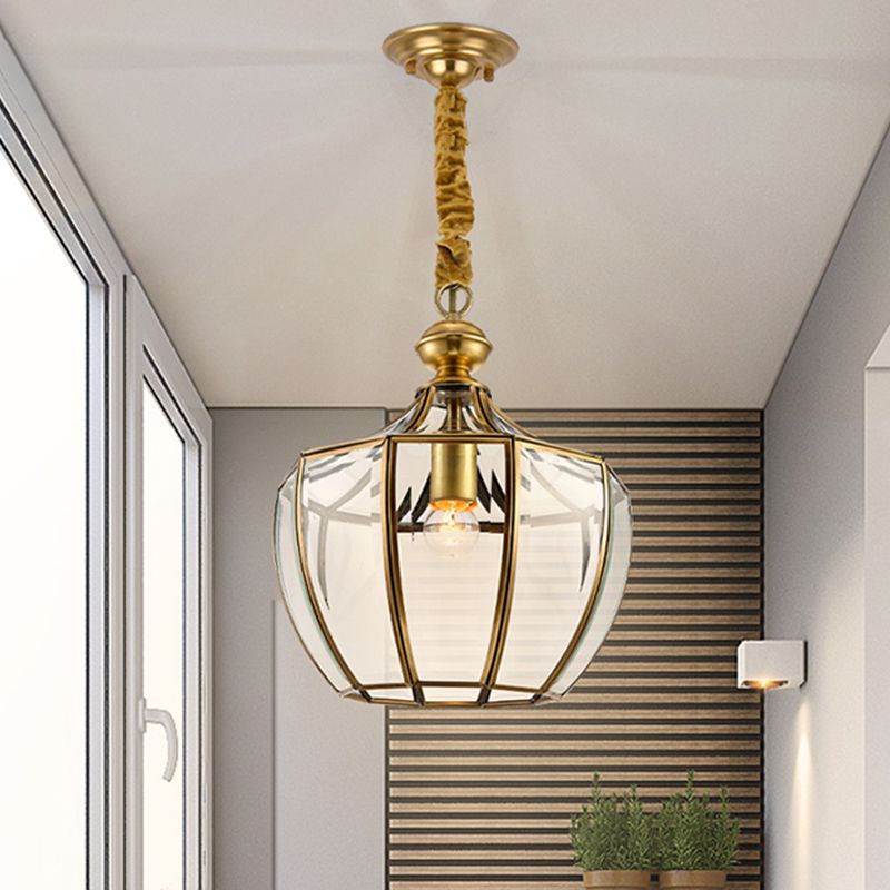 Urn Corridor Suspension Pendant Light Traditional Clear Glass 1 Head Gold Hanging Lamp