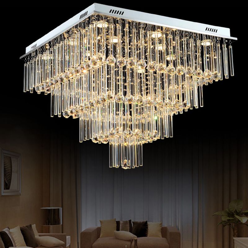 12 Bulbs Flushmount Lighting Simple Style Tiered Square Flute Crystal Ceiling Mount Light in Chrome