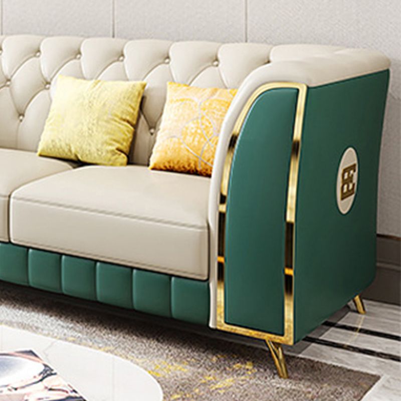 Genuine Leather Luxurious Sectional Tufted Back Sofa & Chaise with 5 Pillows