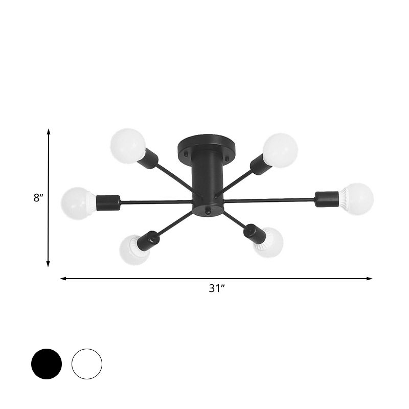6/8 Heads Bare Bulb Semi Flush Mount Light Vintage Style Black/White Metallic Ceiling Light Fixture for Kitchen