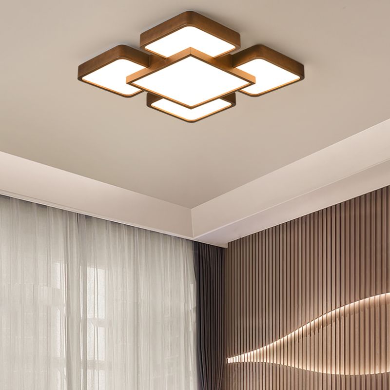 LED Modern Wood Flush Mount Geometric Shape Ceiling Lamp with Acrylic Shade for Bedroom