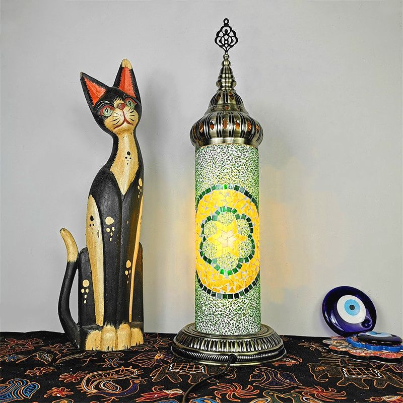 Lámpara de mesa de dormitorio de cilindro Vidroma manchado tradicional Amarillo/azul/LED de LED verde luz
