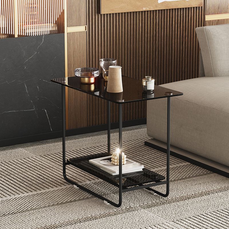 Rectangle Glass Top Side Table 21.65" Tall Metal Sled Base End Table with Shelf