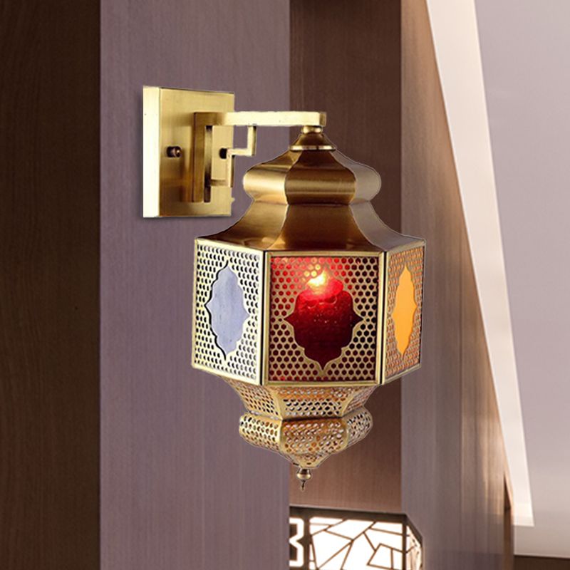 Metal Lantern Sconce Lighting Arab 1-Head Balcony Wall Mounted Ceiling Lamp in Brass