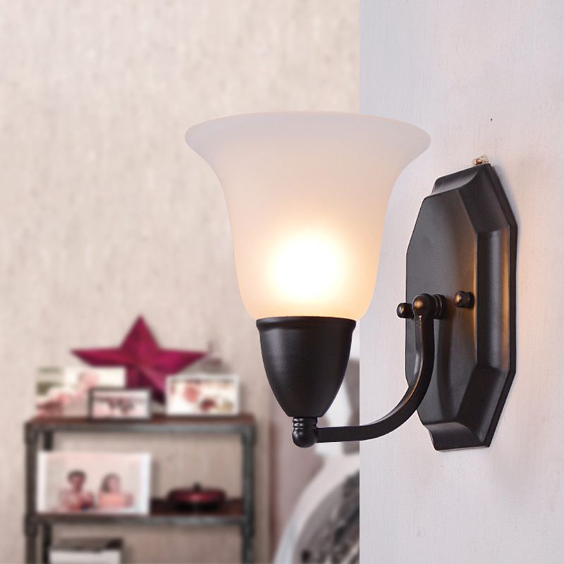 Frosted Glass Flared Wall Lamp Country Style Single Corridor Wall Light in Black