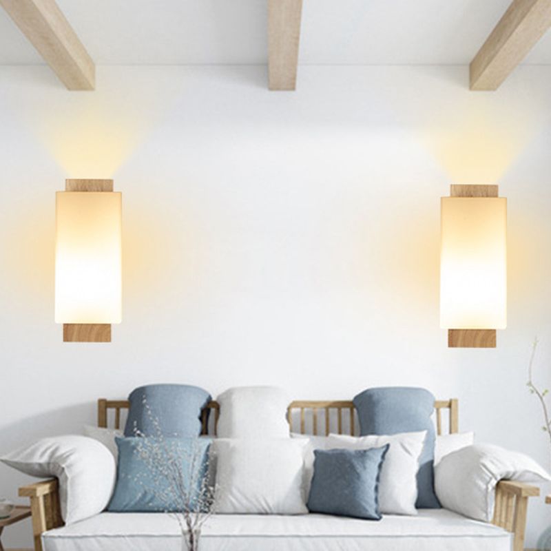 Modern Wood Wall Sconce Rectangle Shape Vanity Lamp with Glass Shade for Bathroom