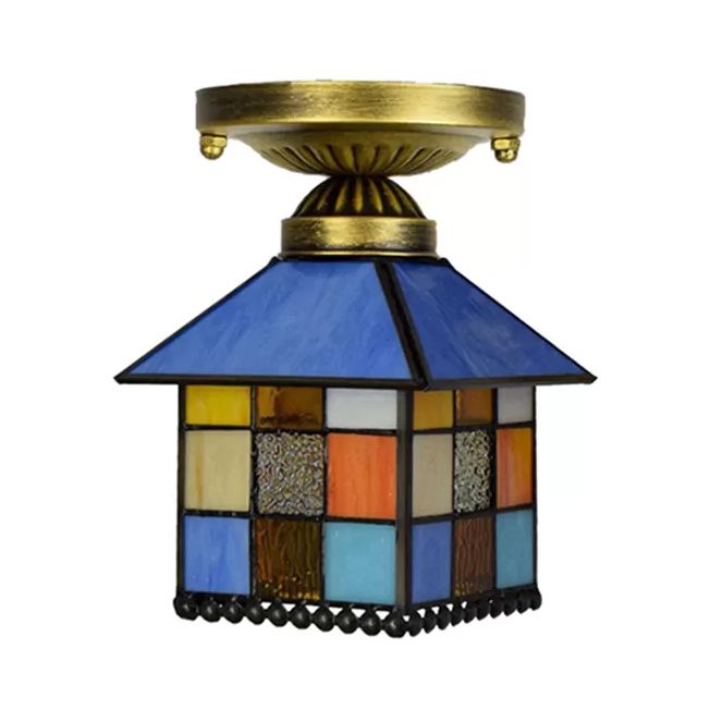 1 Head House Flush Verlichting Rustiek Lodge Style Glas Flush Mount Lamp in Black/Blue/Brass/Clear/Blue-Clear voor Foyer