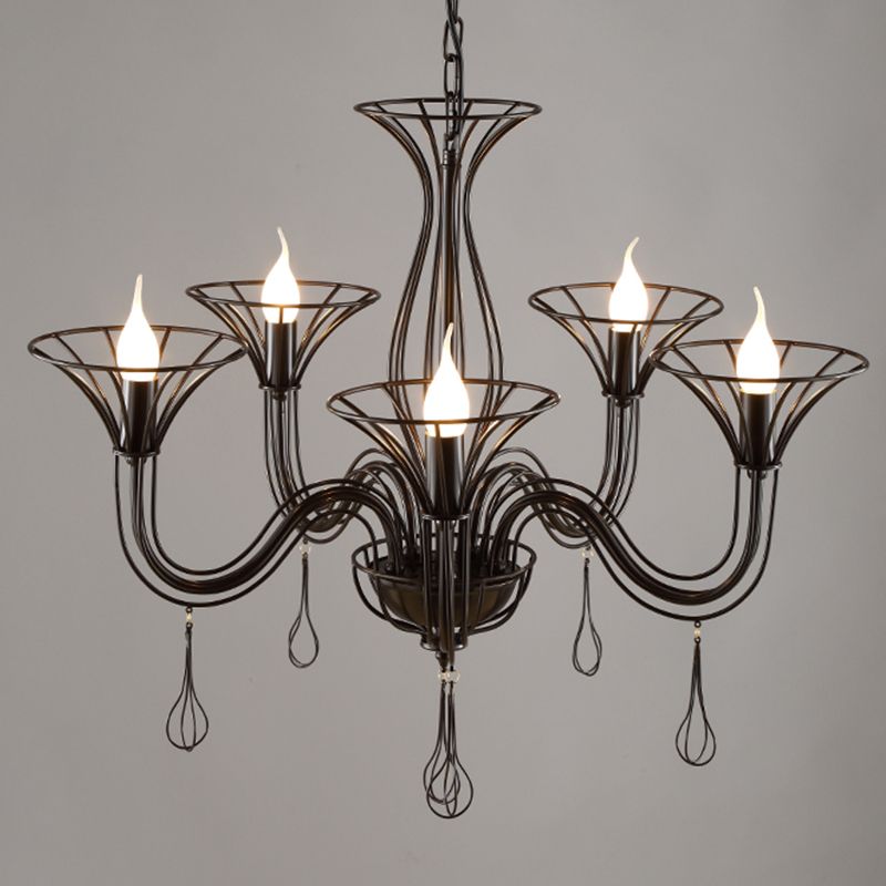 Dark Brown Scrolled Arm Pendant Lighting Classic Metal 5/6 Lights Living Room Chandelier