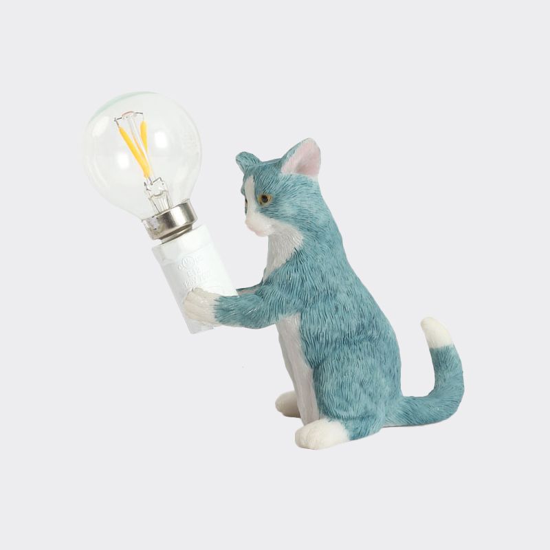 Tabby Cat Holder Table Lamp Kids Iron 1 Bulb Black/Yellow/Blue Nightstand Light with Bare Bulb Design