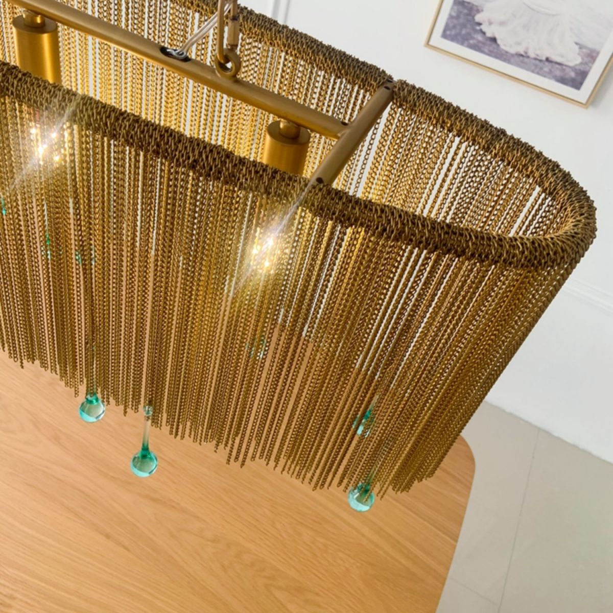 Aluminum Tassel Chandelier Postmodern Brass Finish Hanging Lamp with Blue Crystal Drops