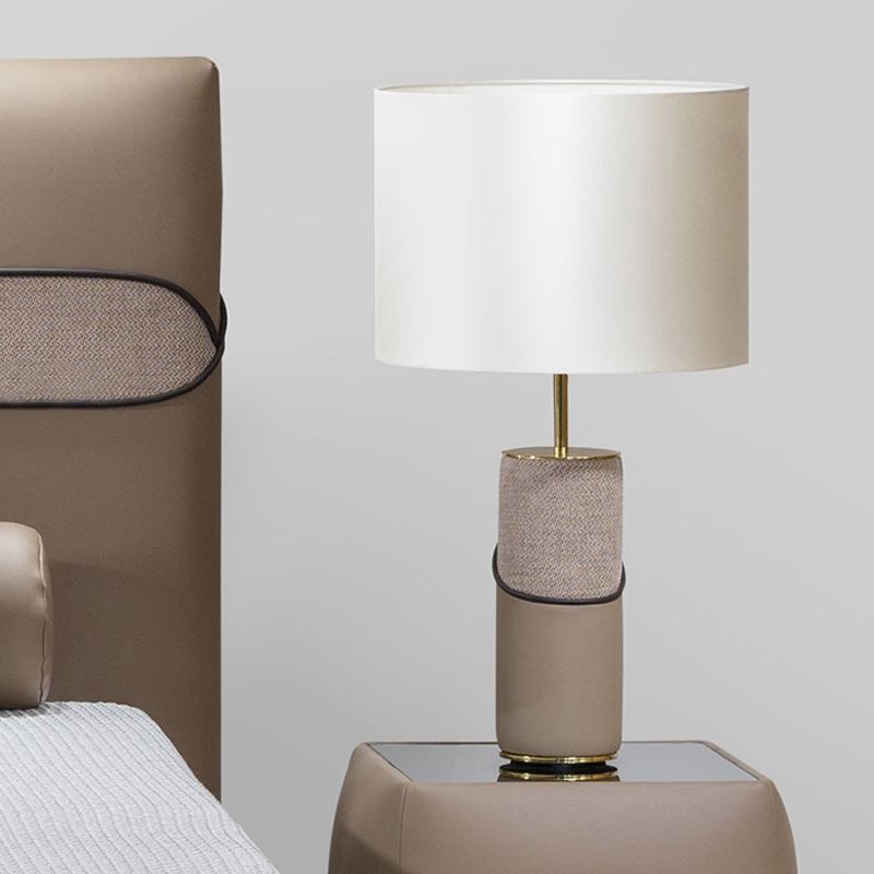 Bontcilinder nachtkastje licht modernisme 1 kop grijze tafellamp met trommel witte stoffen kap