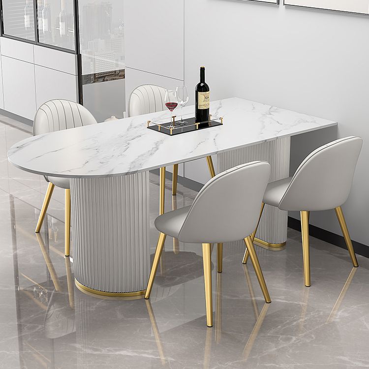 Mesa de forma de comedor de piedra sinterizada de estilo contemporáneo con base de doble pedestal