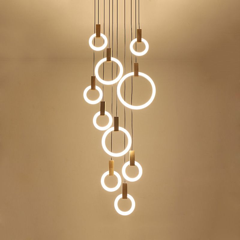 Rings Acrylic Cluster Pendant Light Simple 10 Heads Living Room Hanging Ceiling Lamp in White, Round/Linear Canopy
