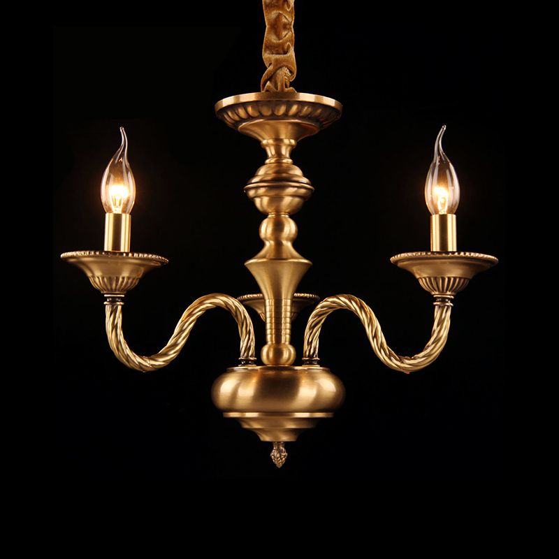 Colonial Candle Chandelier Pendant Lighting 3/5/6 Lights Metal Hanging Ceiling Lamp in Brass with Curved Hemp Rope Design Arm