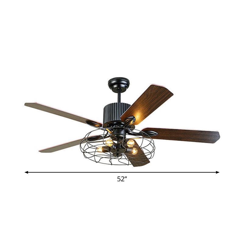 Drum Caged Metal Semi Flush Mount Industrial 52" Wide 5-Bulb Dining Room Pendant Fan Light in Black, 52" Wide