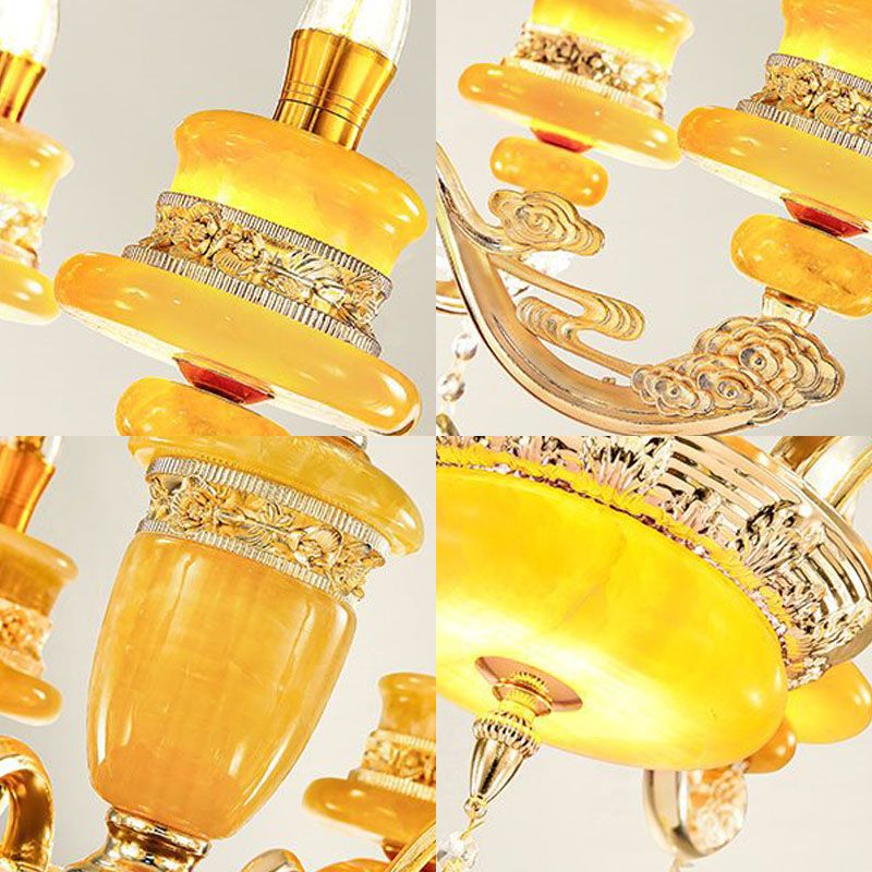 Candelabra Living Room Pendant Chandelier Country Jade Gold Hanging Lighting with Crystal Droplet