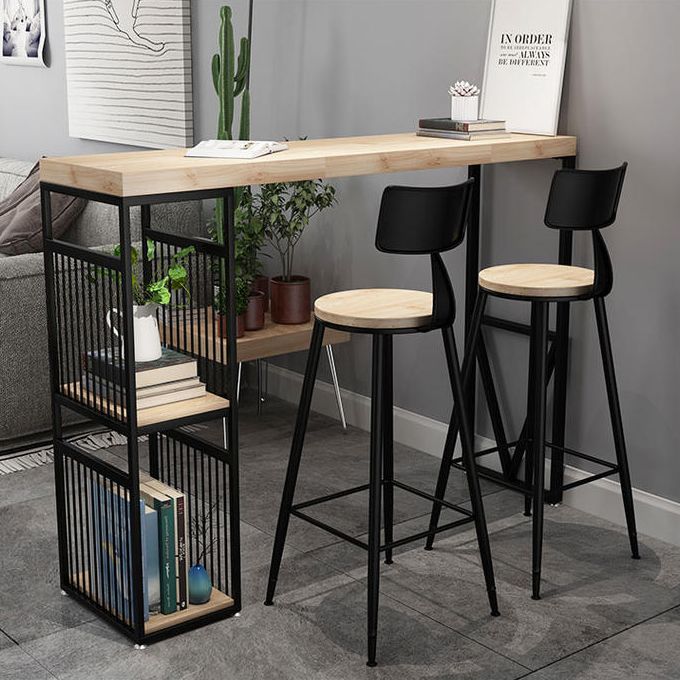 Natural Finish Solid Wood Top Bar Table Contemporary Metal Frame Pub Table