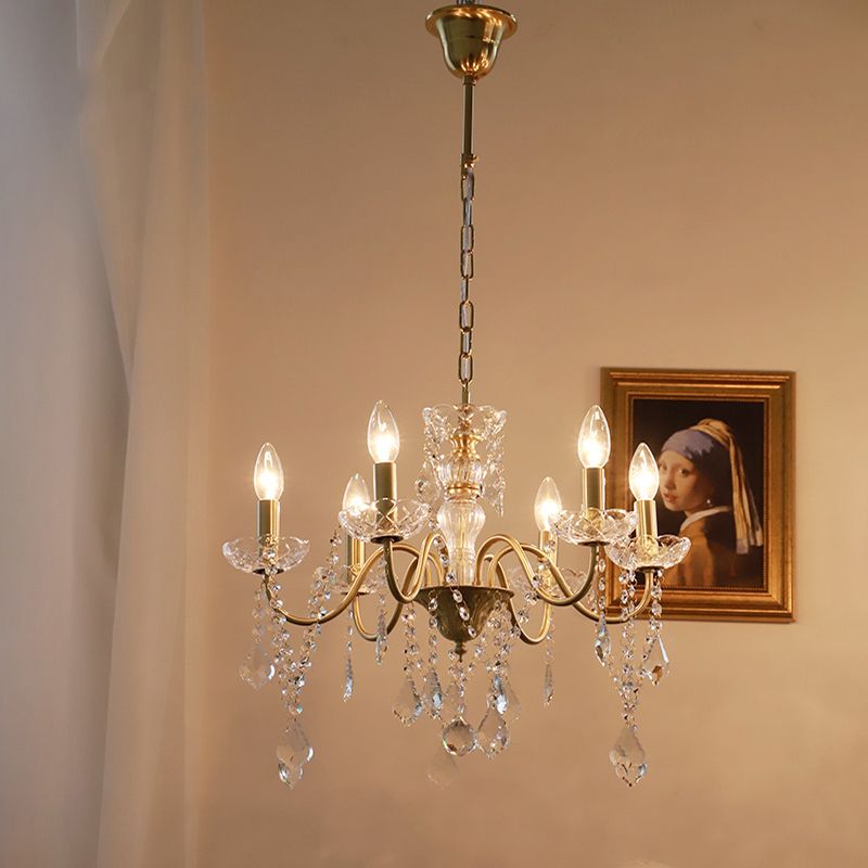 Faux Kerzenhänge hängende leichte ländliche Goldmetallkronleuchter mit klarem Kristallstrang
