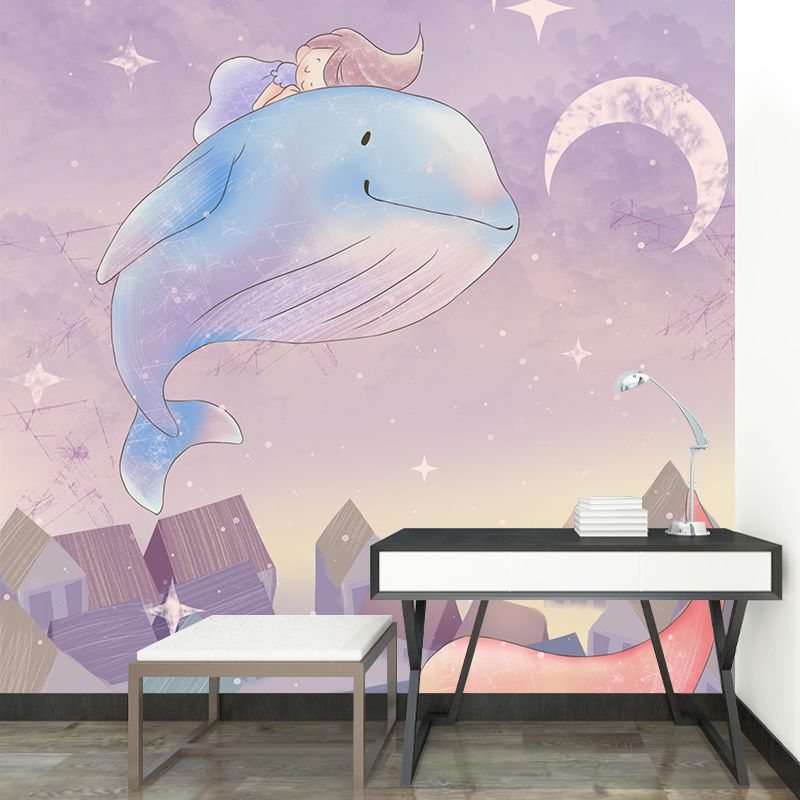 Dreamy Girl Riding Whale Mural for Bedroom Cartoon Wall Decor, Personalized Size