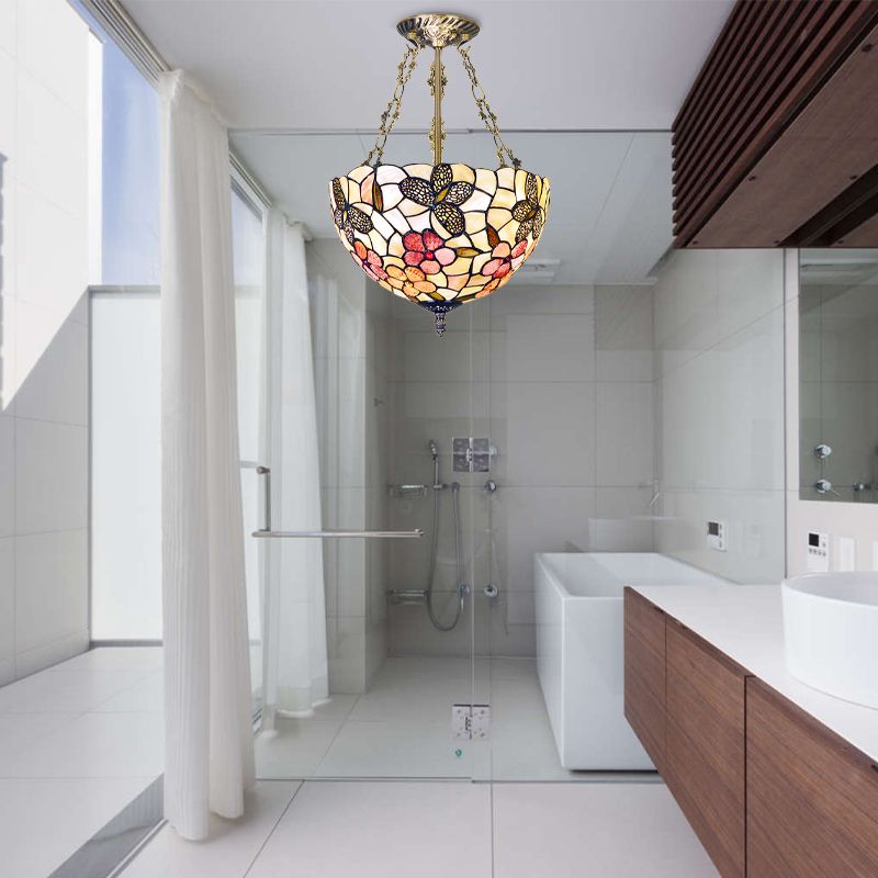 12"/16" W Flower Semi Mount Lighting 3 Lights Shell Victorian Ceiling Flush in Antique Brass with Dome Shade