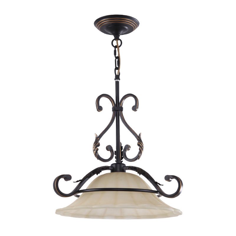 Curved Iron Suspension Lighting Classic 1 Head Dining Room Pendant Ceiling Light with Distressed White Glass Shade