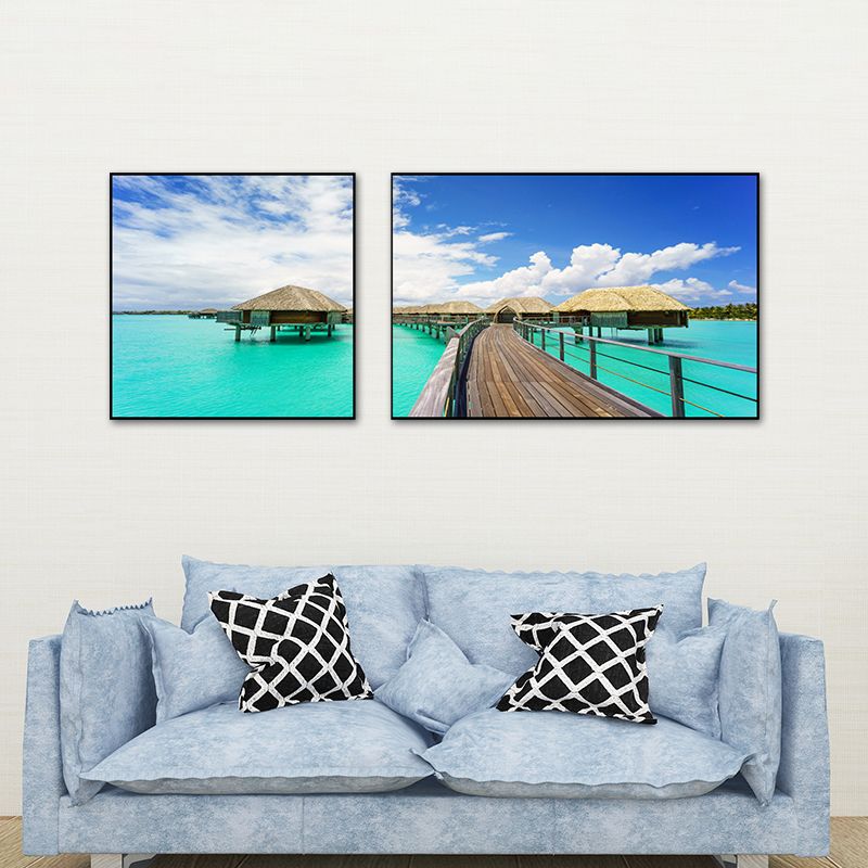 Tropics Sea Bridge Scenery Canvas Pastel Color Multi-Piece Wall Art Print for Living Room