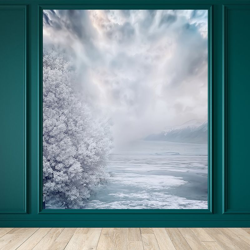 Modern Teenagers Mural Wallpaper Winter Lake and Mountain Grey Blue Wall Covering