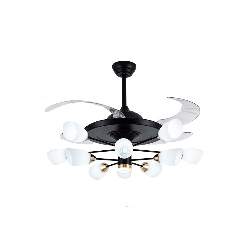 Moderne Tulpe 4-Blade Hanging Lüfter hell weißes Glas 10-Kopf-Wohnzimmer halb Flush Kraut in Schwarz, 42 "W.