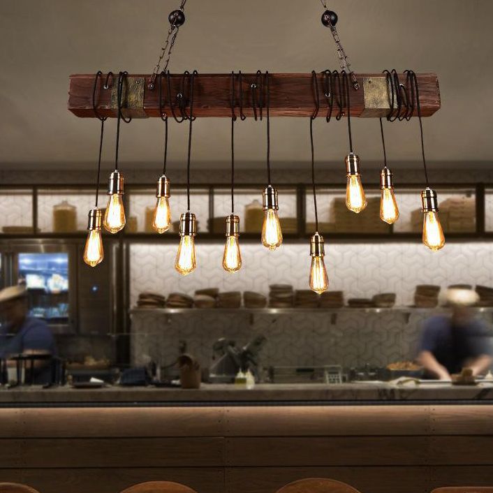 Linear Shape Pendant Light Modern Style Wood 10 Lights Hanging Lamp in Brown