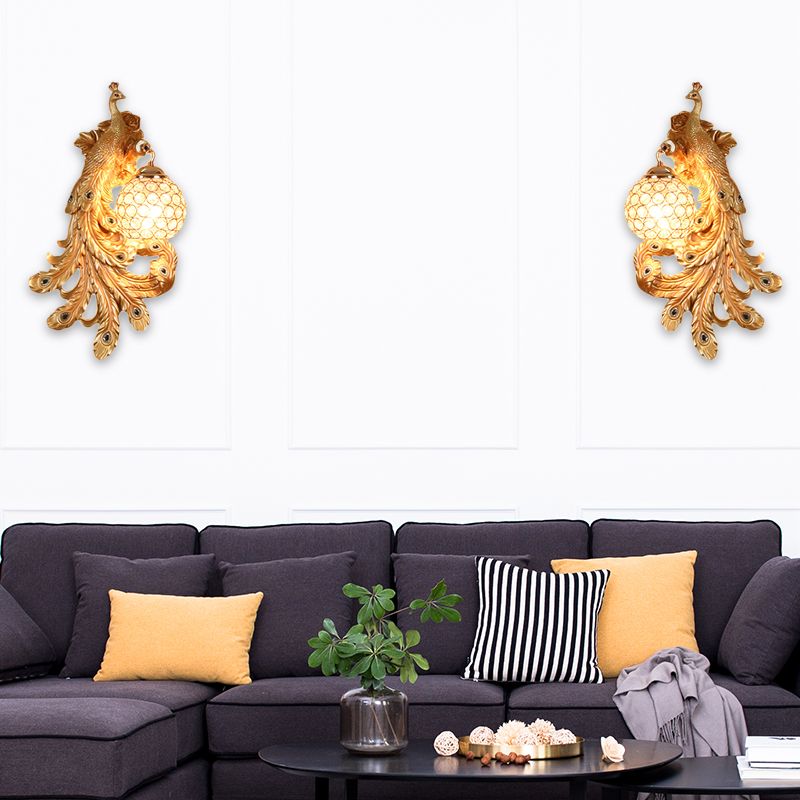 1 Light Blue/Gold Peacock Wall Lamp Country Resin 1/2-Pack Sconce Lighting with Crystal Globe Shade, Double/Right/Left
