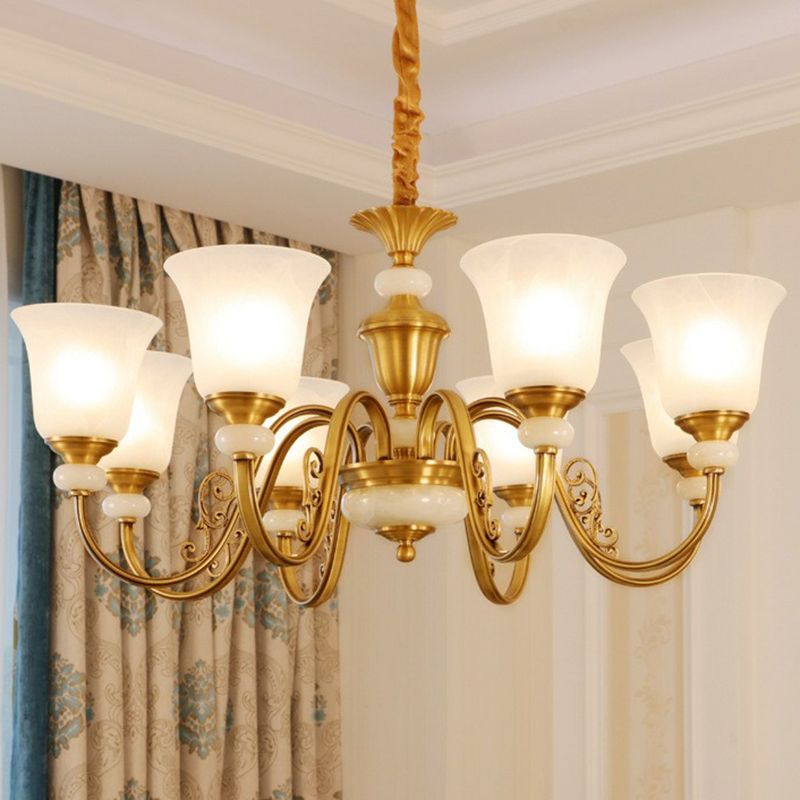 Bell Shaped Restaurant Suspension Lighting Colonial Style Frosted Glass Brass Chandelier Light Fixture